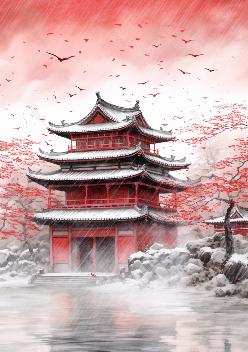大寒寒冷下雪天城楼古代建筑飞鸟红色天空倒影古典传统风景水墨插画,插画/手绘图,插画/手绘图库,插画/手绘图下载,插画/手绘
